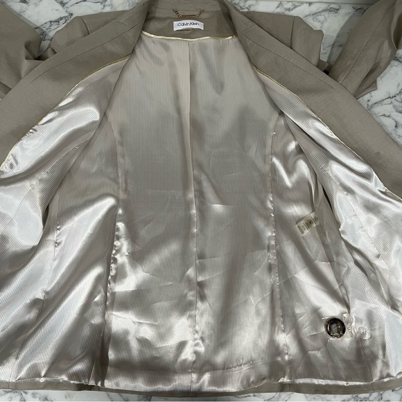 Calvin Klein Women's Linen Blend Open Front Boyfriend Blazer In Khaki Tan 14 - Picture 6 of 11